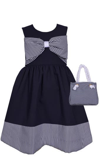 Iris & Ivy Kids' Bow Bodice Dress & Bag In Navy