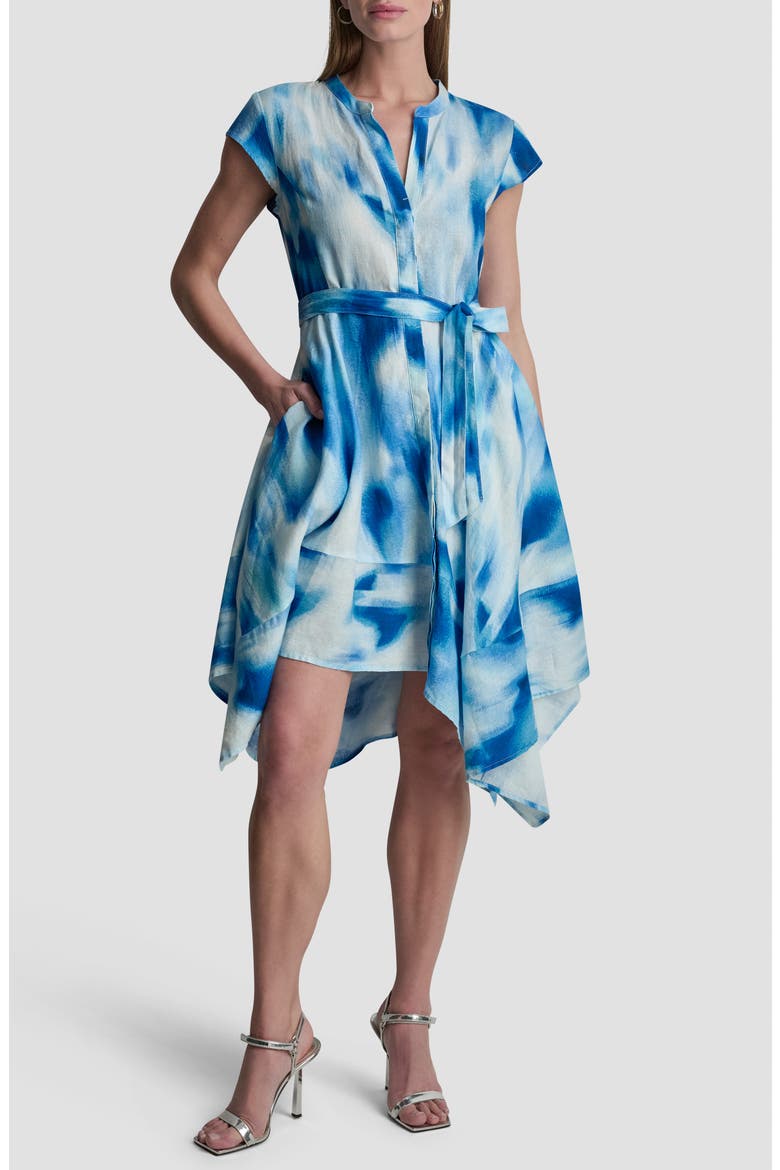 Abstract Print Asymmetric Hem Linen Dress, Main, color, MISTED SURF