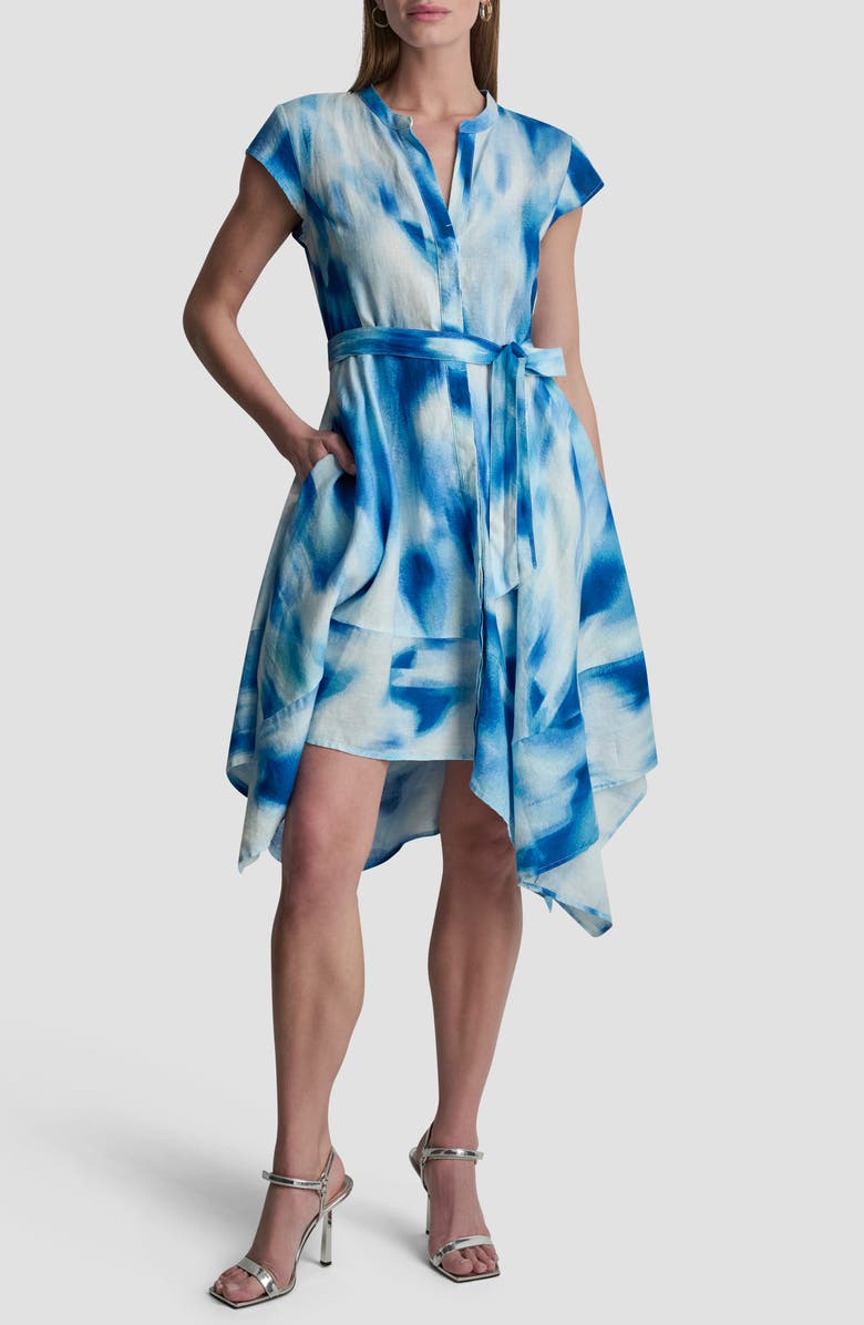 DKNY Abstract Print Asymmetric Hem Linen Dress, Main, color, Misted Surf