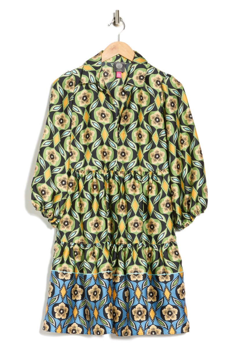 Vince Camuto Three Quarter Sleeve Tiered Dress, Alternate, color, Navy Green