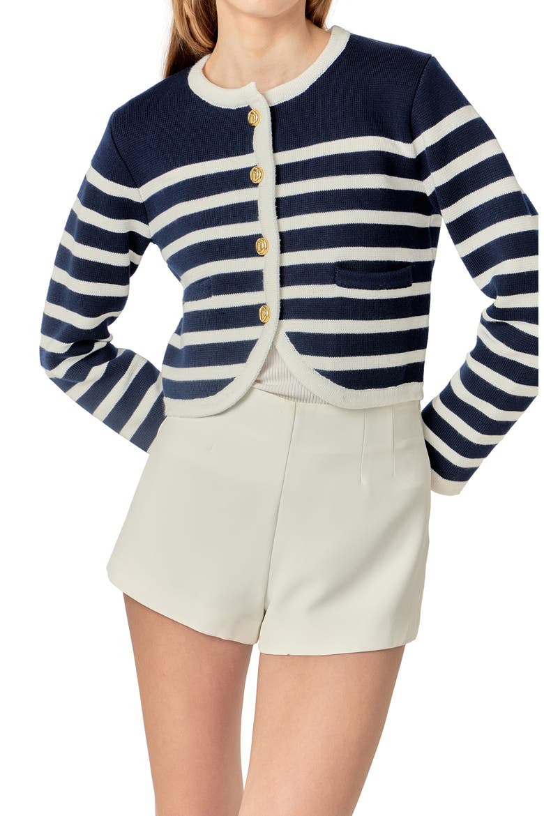 Stripe Crop Cardigan, Alternate, color, NAVY/ OFF WHITE