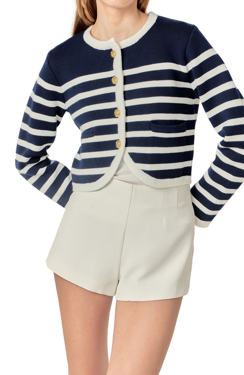 English Factory Stripe Crop Cardigan, Alternate, color, Navy/ Off White