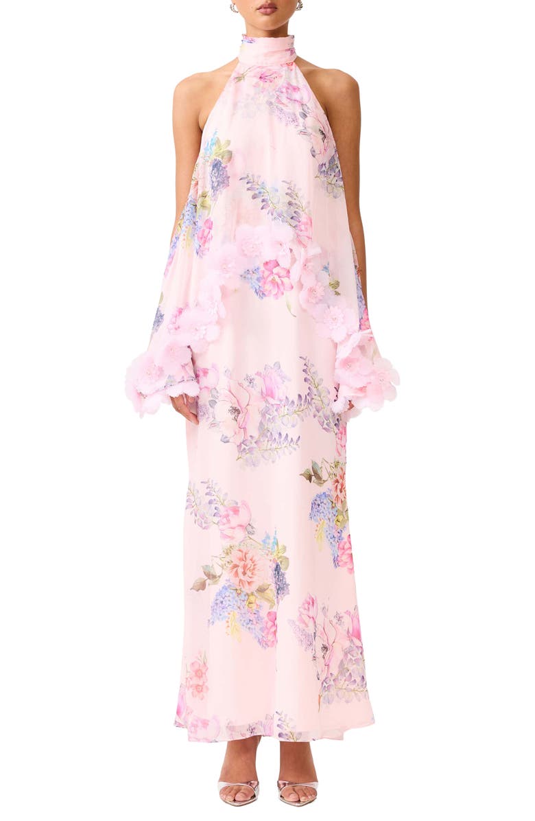 Elliatt Millie Floral Appliqué Tiered Halter Neck Gown, Main, color, Pink Multi