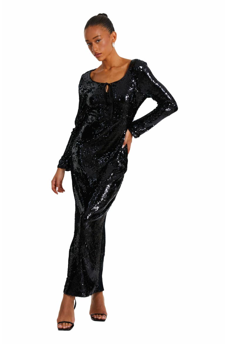 Sequin Tie Front Maxi Dress, Main, color, Black
