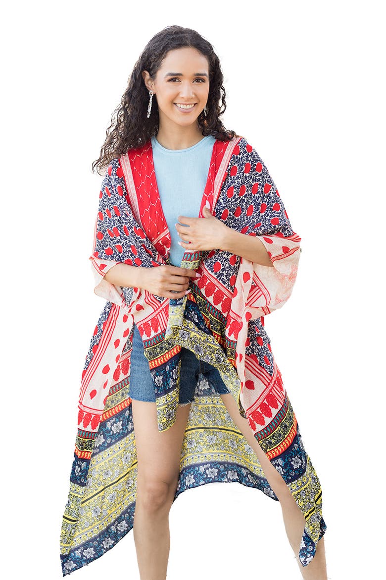 Mixed Print Ruana, Alternate, color, RED