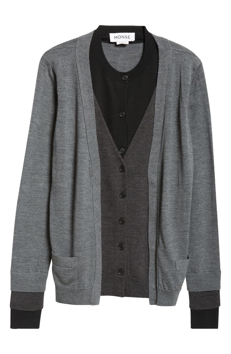 MONSE Trompe l'Oeil Triple Layer Cardigan, Alternate, color, Black/ Grey