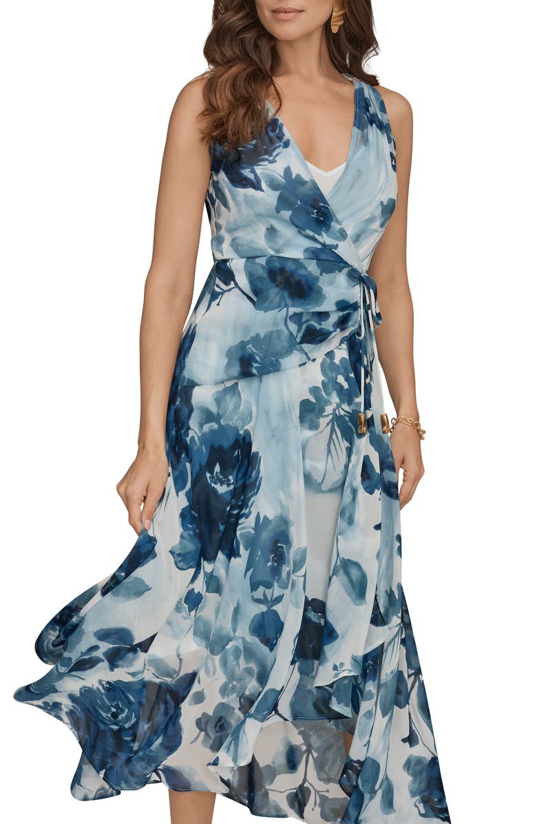 Donna Karan New York Floral Wrap Bodice Midi Dress, Alternate, color, Nightfall Multi