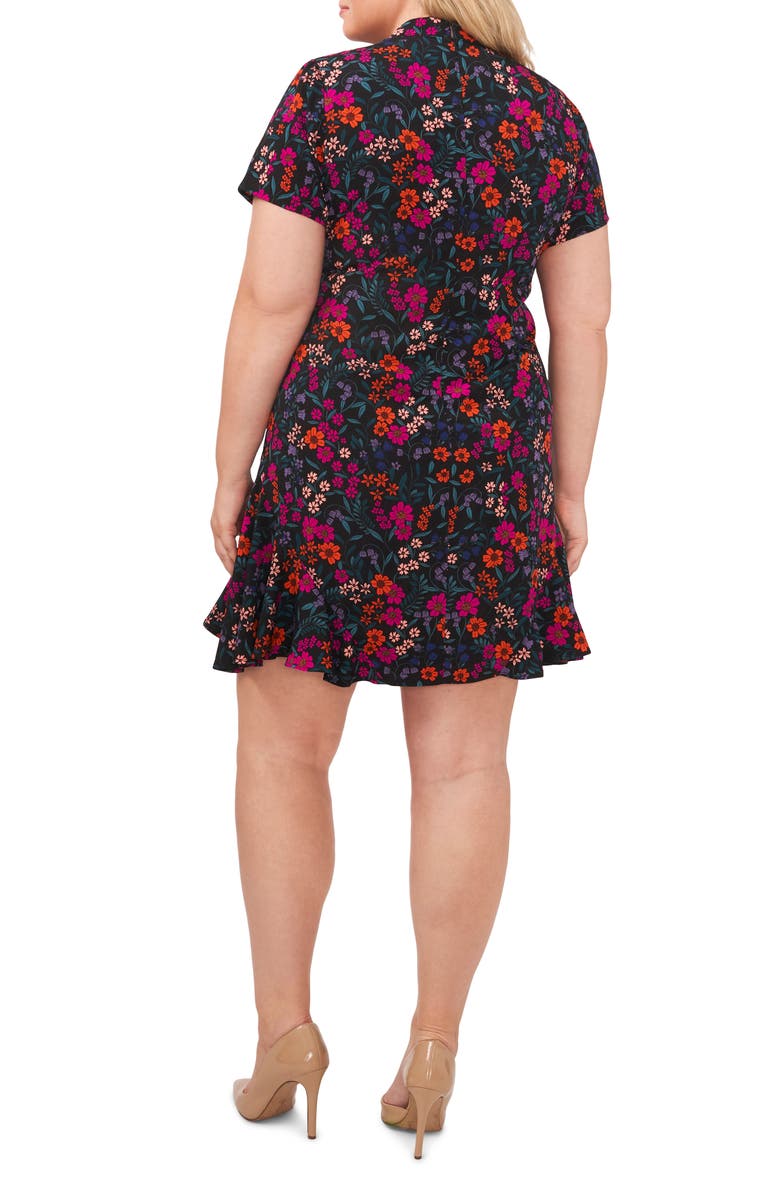 CeCe Floral Tie Neck A-Line Dress, Alternate, color, Rich Black