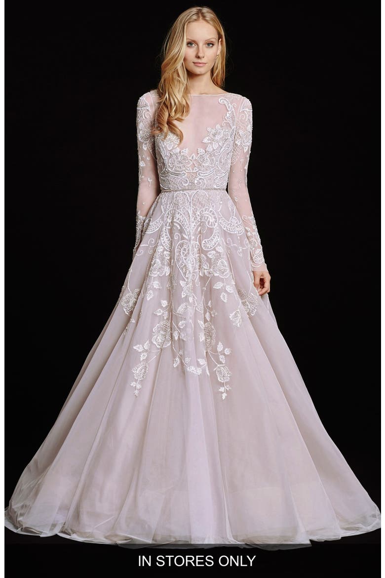 Hayley Embellished English Net & Tulle Long Sleeve Ballgown, Main, color, AMETHYST