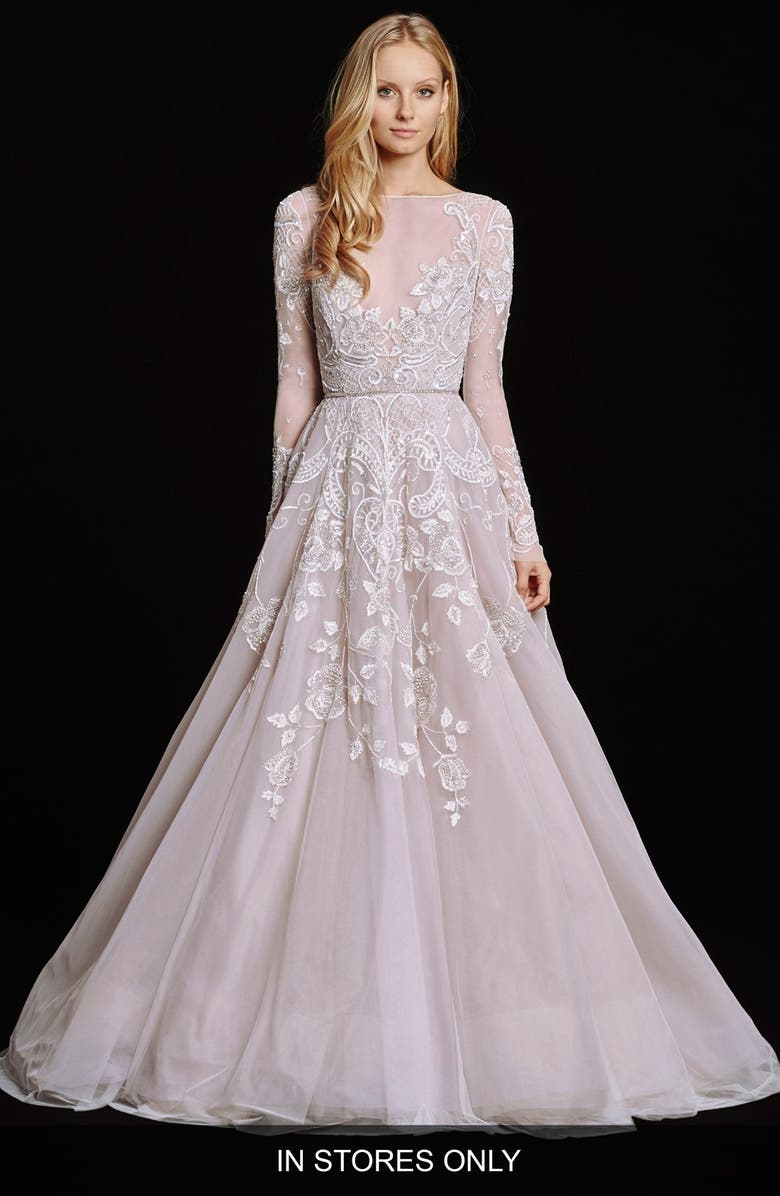 Hayley Paige Hayley Embellished English Net & Tulle Long Sleeve Ballgown, Main, color, 