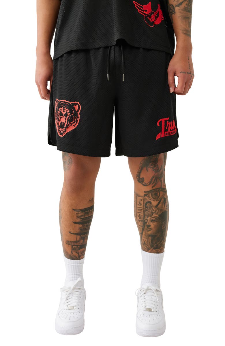 True Religion Embroidered Mesh Graphic Shorts, Main, color, Black