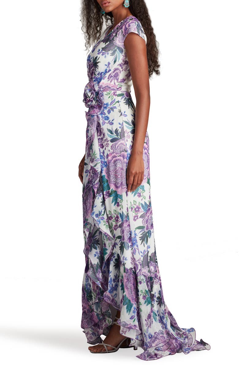 Tadashi Shoji Floral Wire Ruffle Detail Gown, Alternate, color, White/Purple Floral