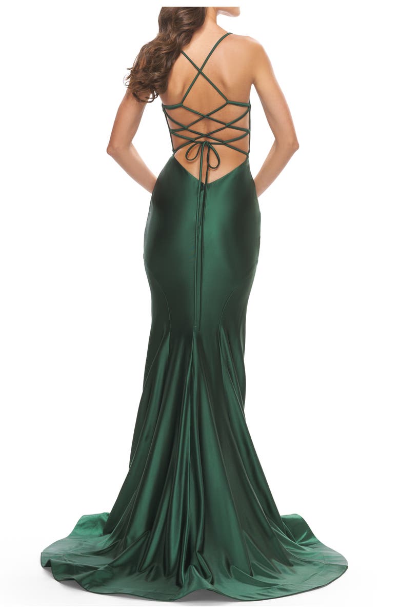 La Femme Liquid Jersey Mermaid Gown with Lace Up Back, Alternate, color, Dark Emerald