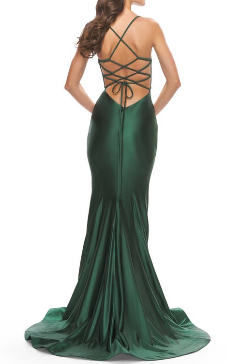 La Femme Liquid Jersey Mermaid Gown With Lace Up Back In Dark Emerald