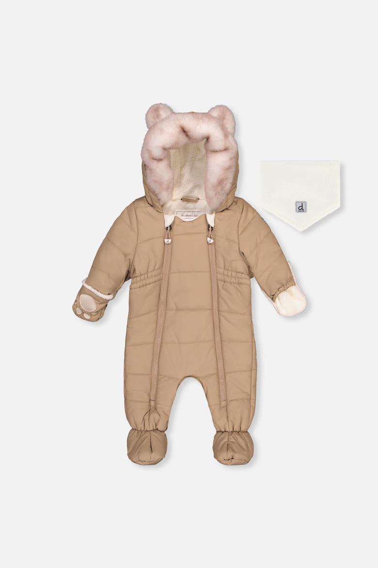 Bear Paw One Piece Footie Fleece Neckwarmer Snowsuit, Main, color, Taupe