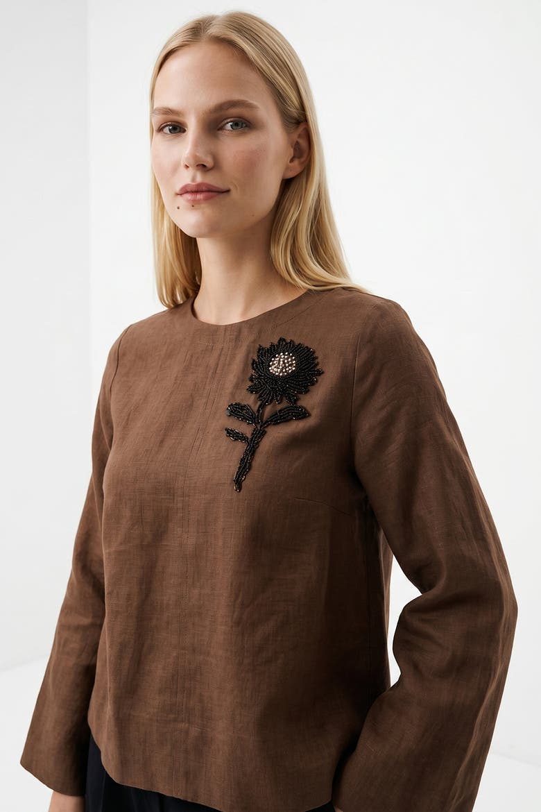 Fifine Long Sleeve Linen Blouse, Alternate, color, Brown