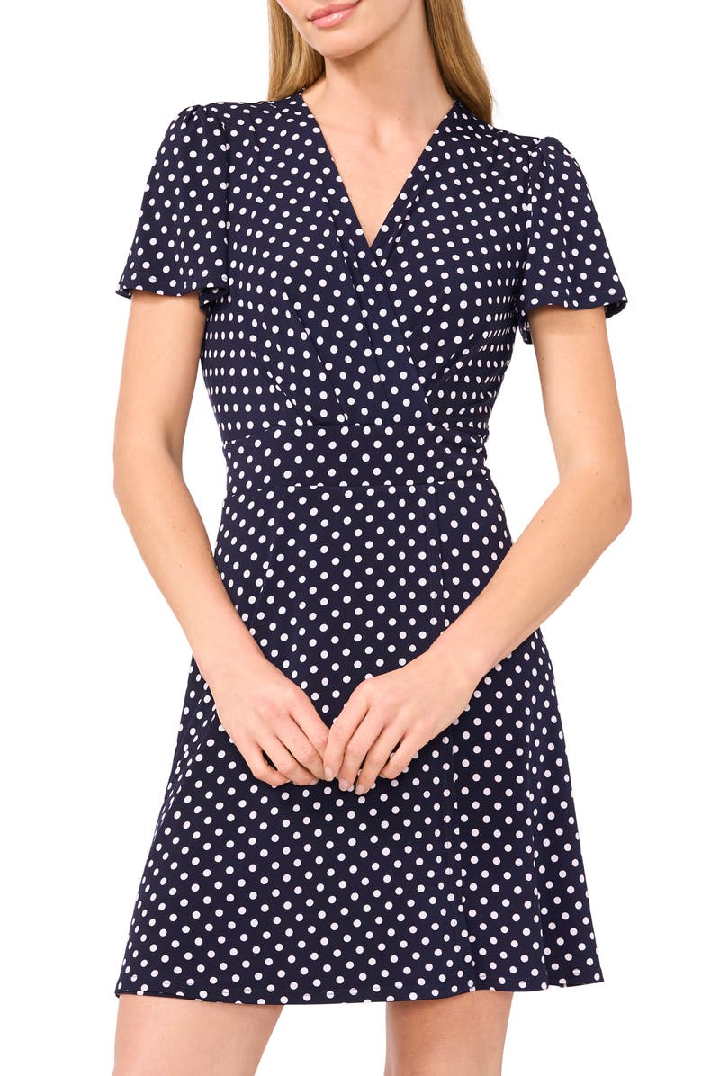 CeCe Polka Dot Flutter Sleeve Dress, Alternate, color, Classic Navy