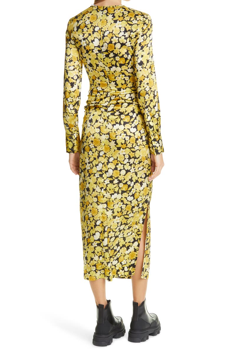 Ganni Floral Print Ruched Long Sleeve Stretch Silk Satin Dress, Alternate, color,