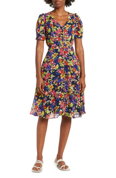 Floral Puff Sleeve Button Front Midi Dress