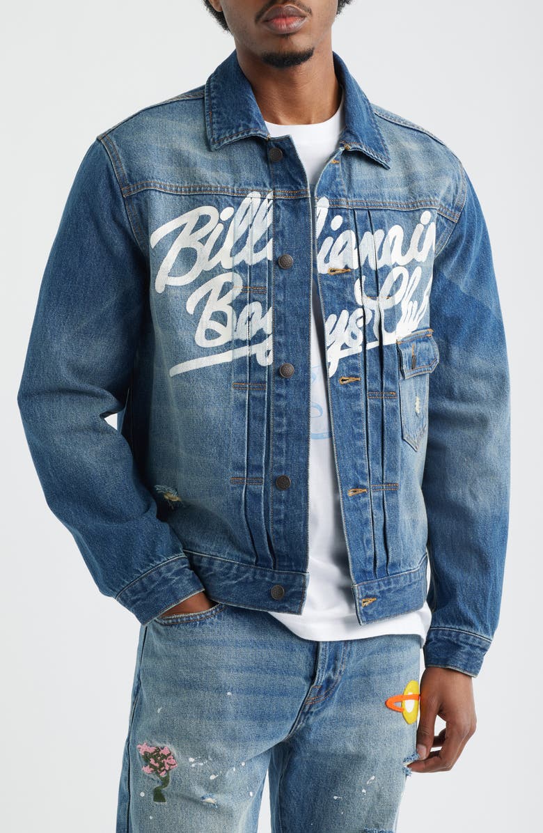 Billionaire Boys Club Script Logo Distressed Denim Trucker Jacket, Main, color, Astra