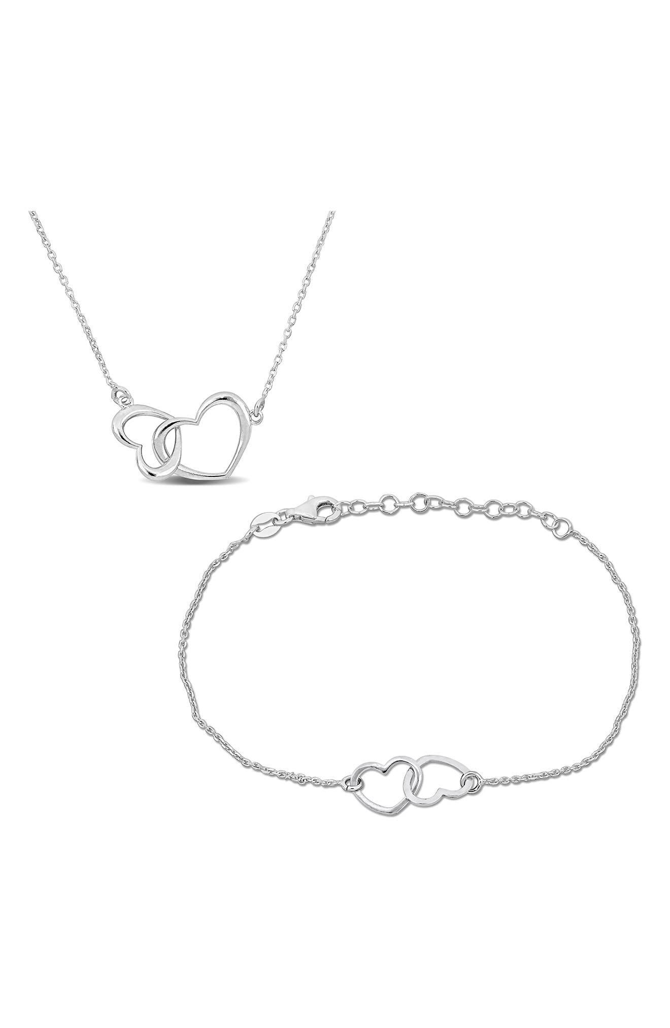 DELMAR Double Heart Charm Necklace & Bracelet Set