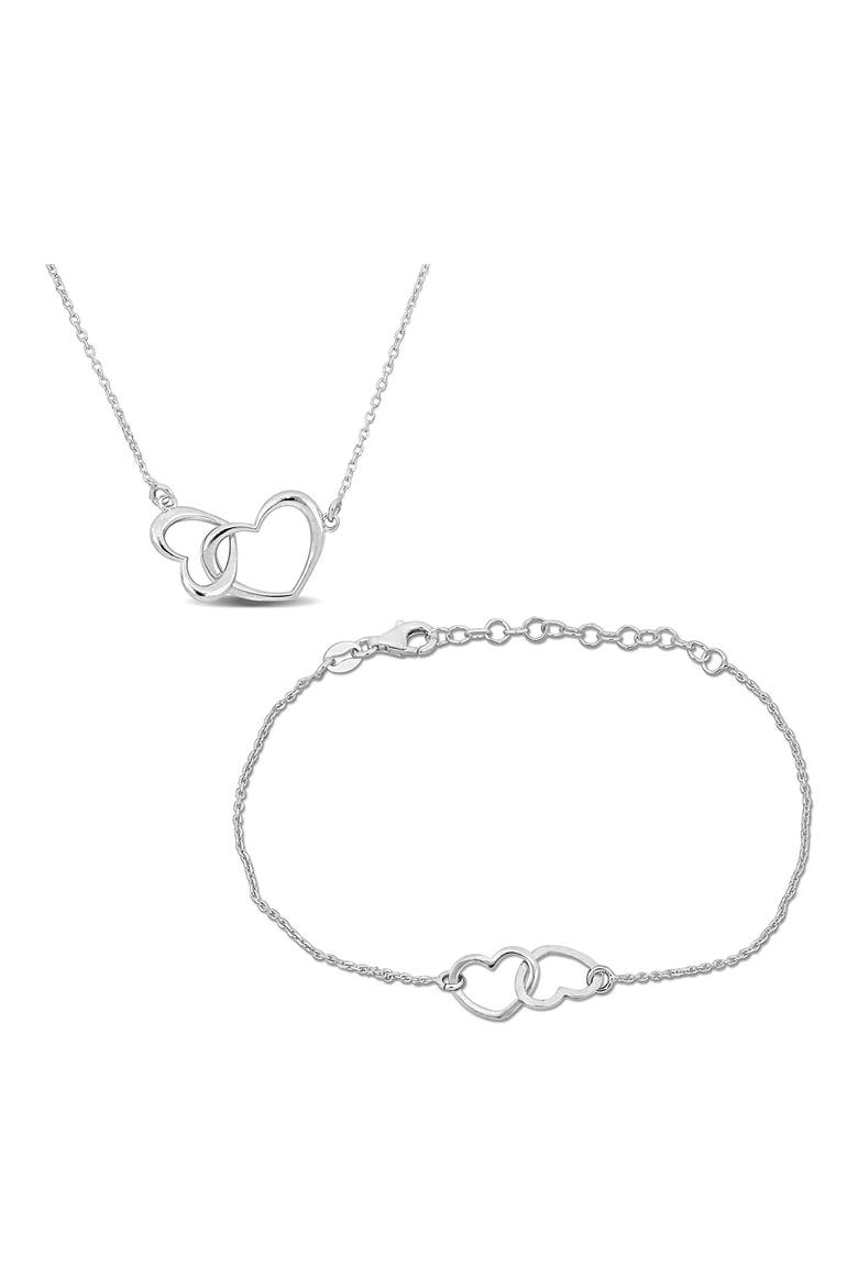 Double Heart Charm Necklace & Bracelet Set, Main, color, SILVER