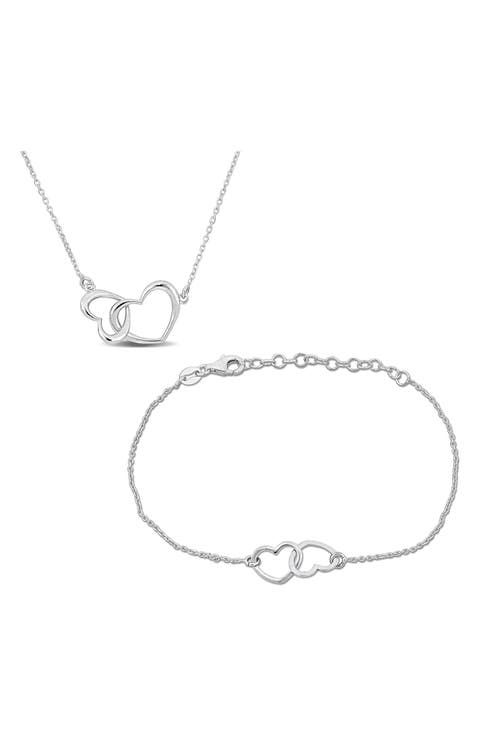 Double Heart Charm Necklace & Bracelet Set