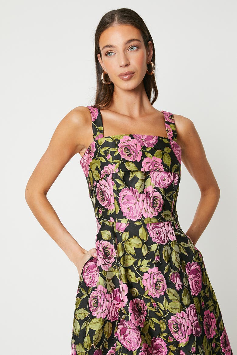 Wide Strap Jacquard Midi Dress, Alternate, color, Black