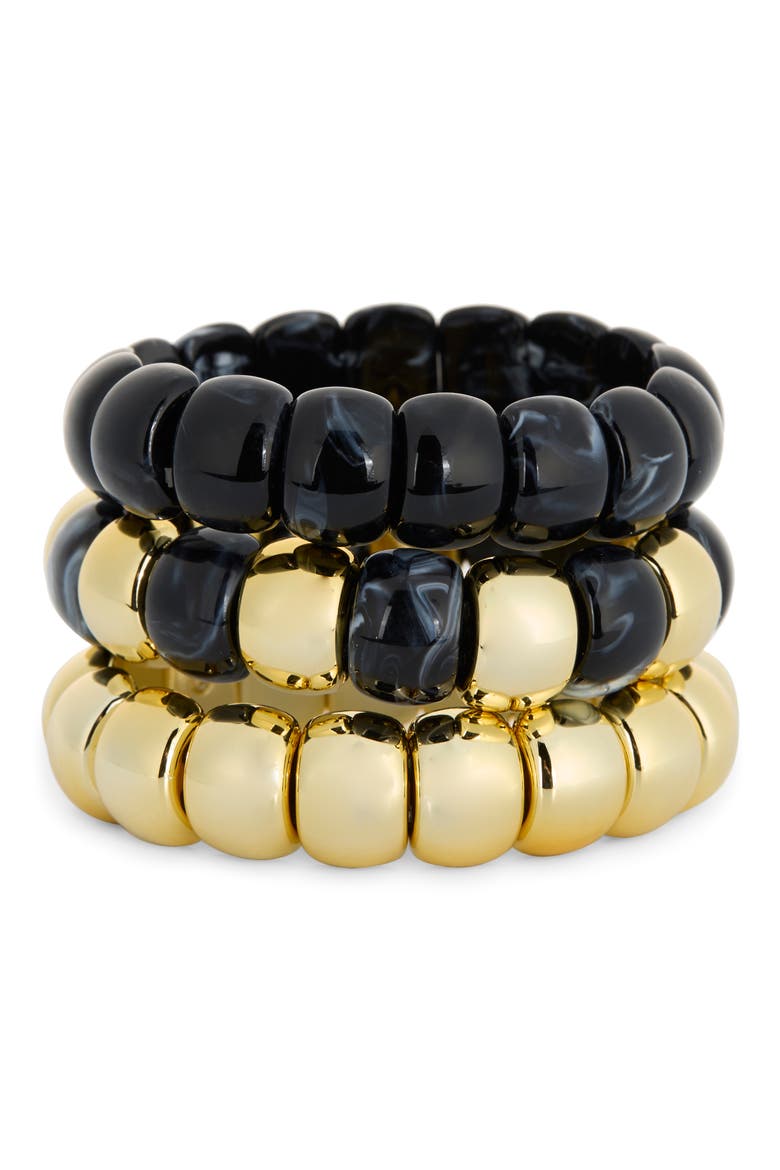 Set of 3 Beaded Resin Stretch Bracelets, Main, color, BLACK