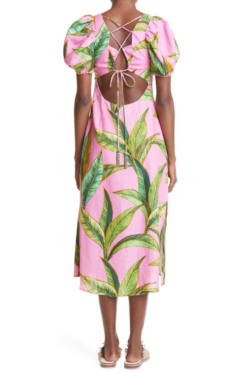 FARM Rio Pink Foliage Cross Back Linen Midi Dress, Alternate, color, 