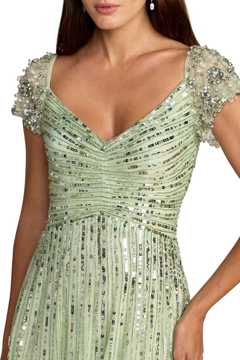 Women's Beaded Cap Sleeve V-Neck A-Line Evening Gown, Alternate, color, Sage