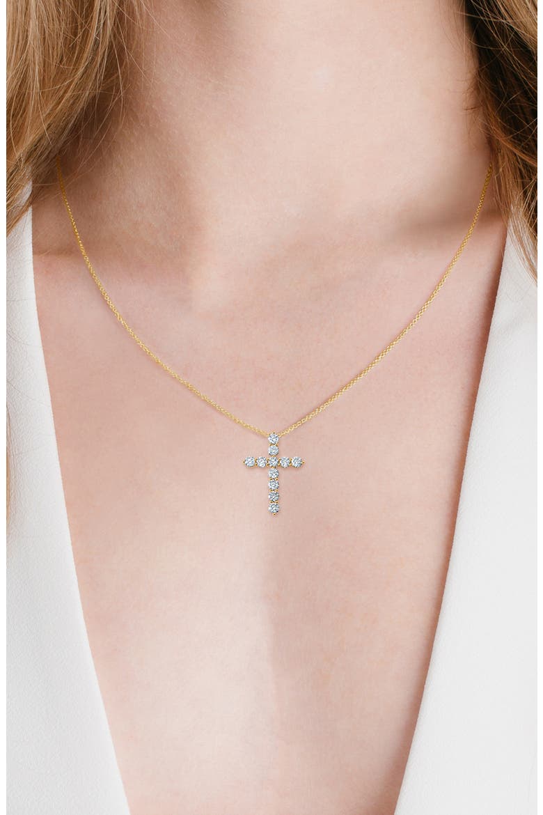 Round Cubic Zirconia Cross Pendant Necklace, Alternate, color, 18KYG/ CLEAR STONE