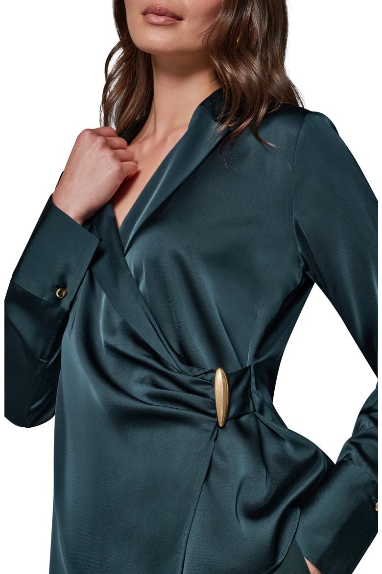 Buckle Detail Long Sleeve Satin Wrap Top, Alternate, color, BLK FOREST