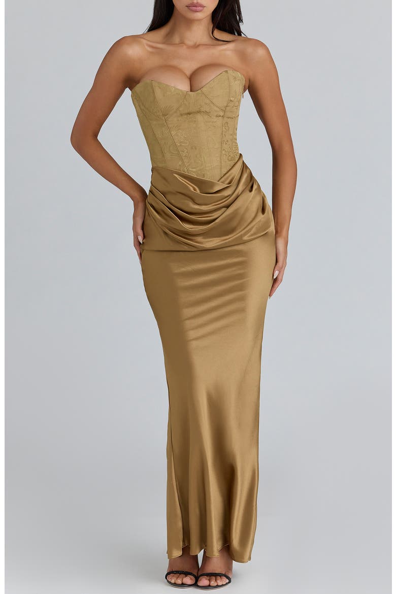Aurelia Corset Bodice Strapless Satin Gown, Main, color, BRONZE