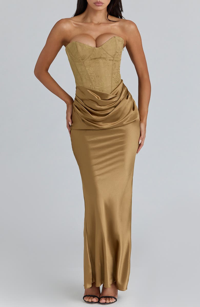 HOUSE OF CB Aurelia Corset Bodice Strapless Satin Gown, Main, color, Bronze