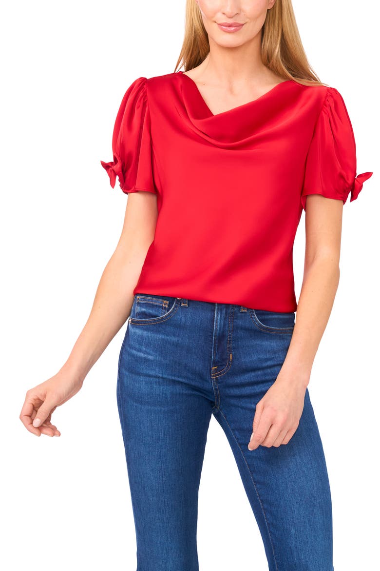 Bow Sleeve Cowl Neck Satin Charmeuse Top, Main, color, STOPLIGHT RED
