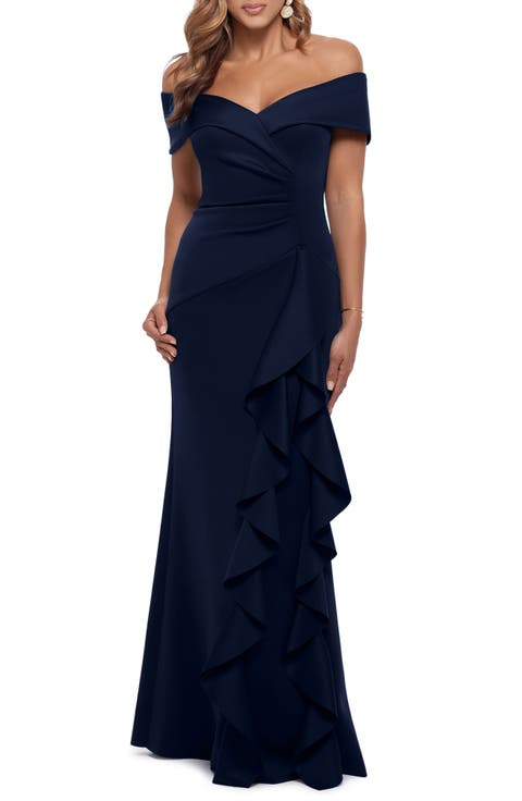 Xscape Evenings Ruffle Off the Shoulder Scuba Knit Gown Xscape Evenings Ruffle Off the Shoulder Scuba Knit Gown