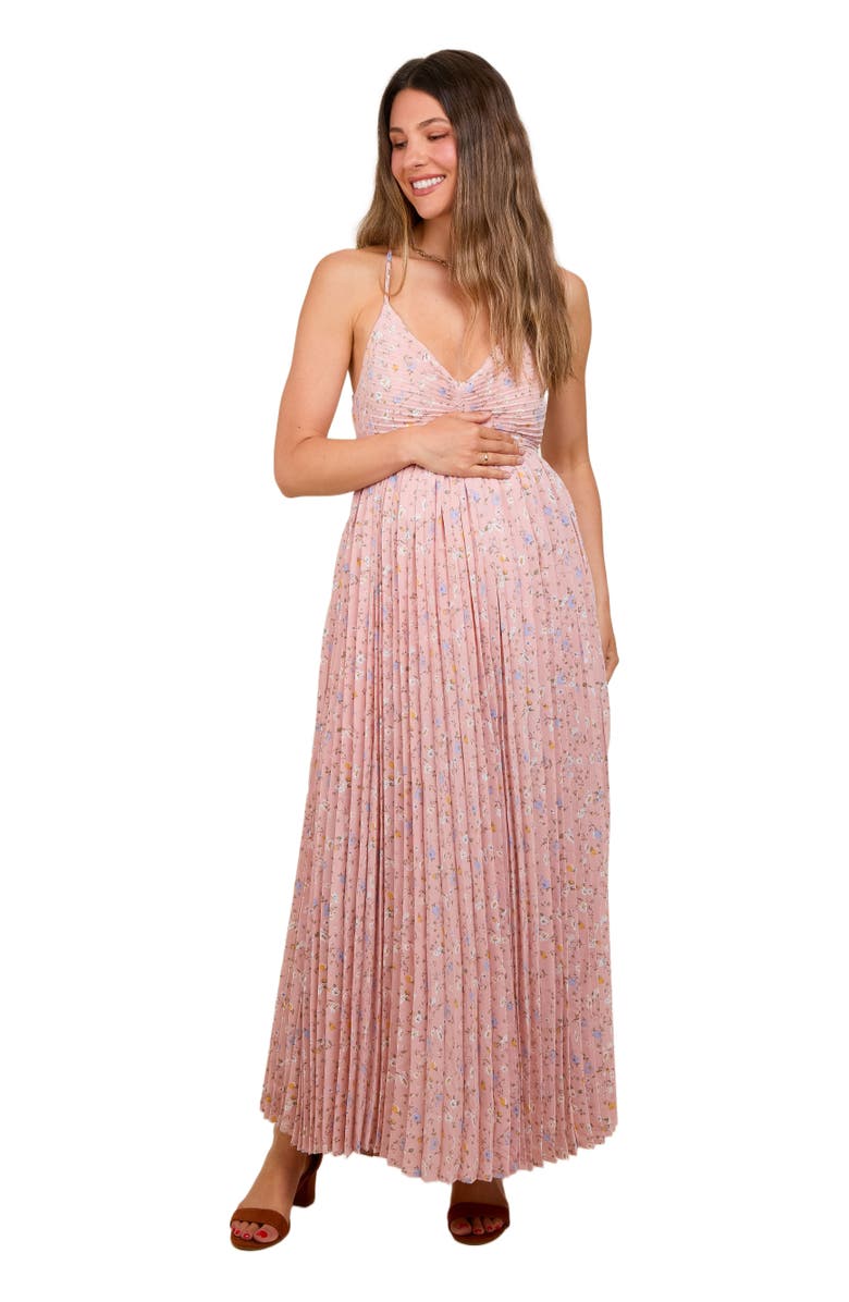 PinkBlush Floral Pleated Back Cutout Maxi Dress, Alternate, color, Light Pink