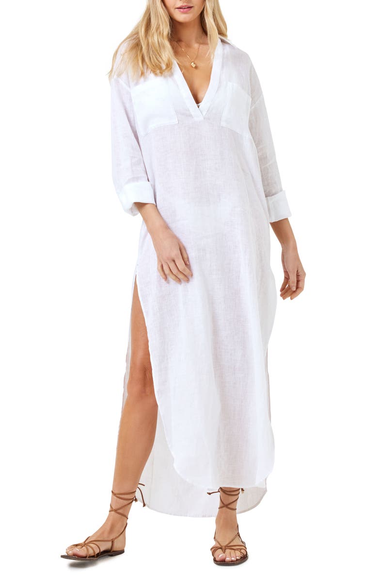 LSPACE Capistrano Long Sleeve Linen Cover-Up Tunic Dress, Main, color, White