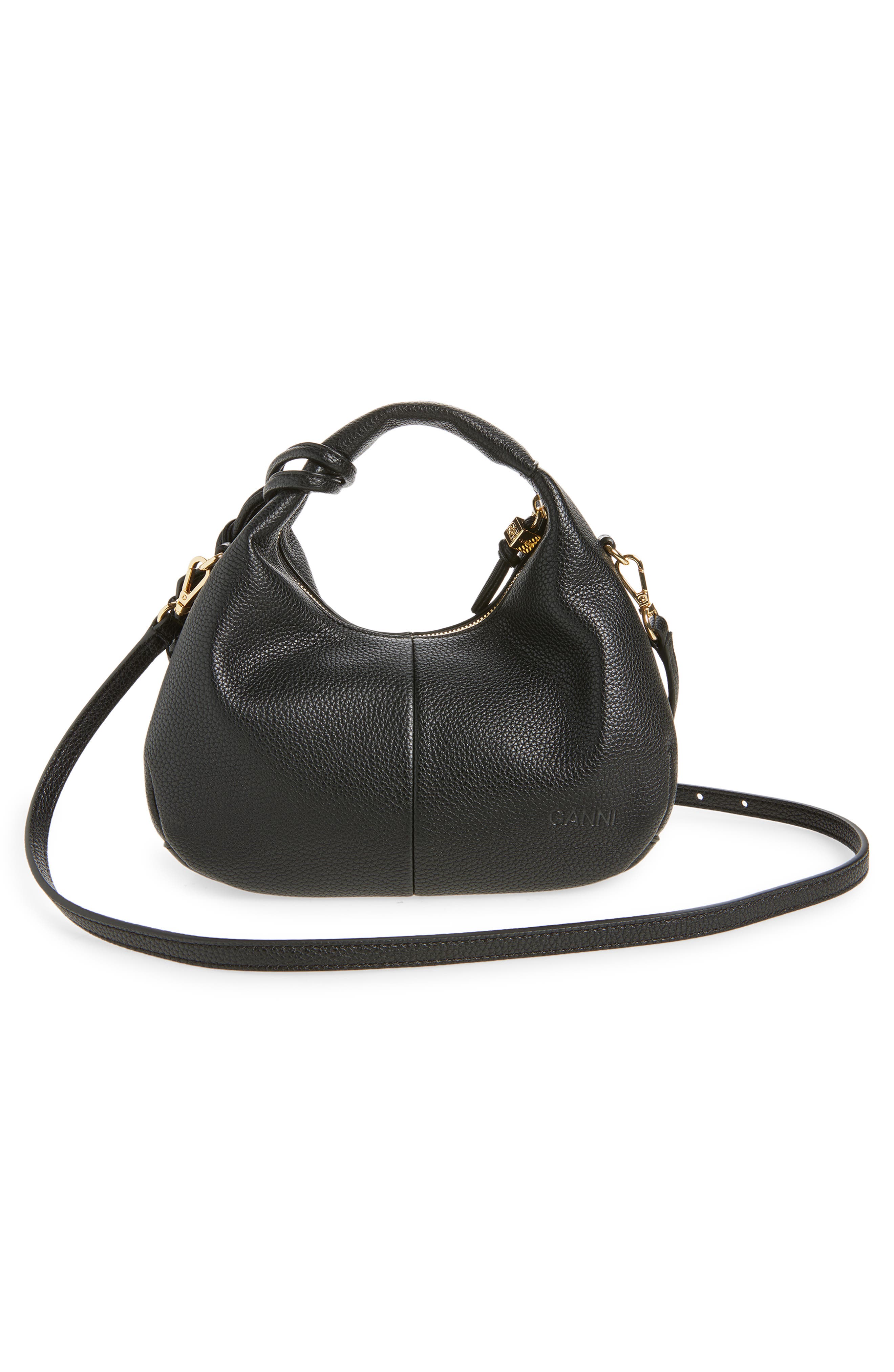 Ganni Mini Hobo Leather Top Handle Bag, Alternate, color, Black
