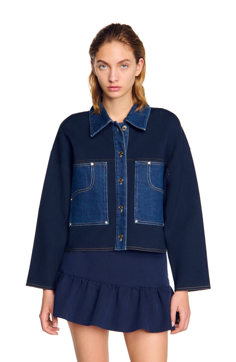 SANDRO Denim detail cardigan, Alternate, color, Navy Blue