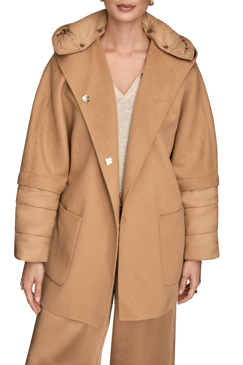 Mixed Media Puffer Sleeve Wool Blend Coat, Alternate, color, FAWN