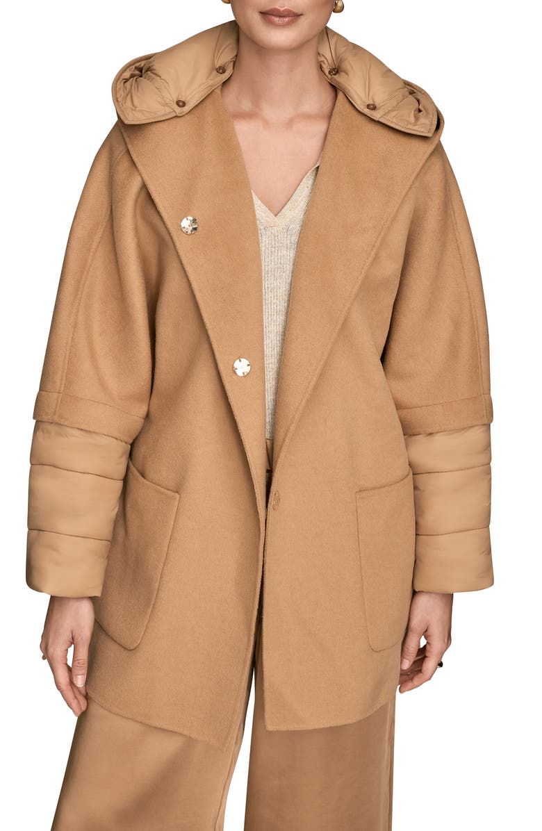 Donna Karan New York Mixed Media Puffer Sleeve Wool Blend Coat, Alternate, color, Fawn