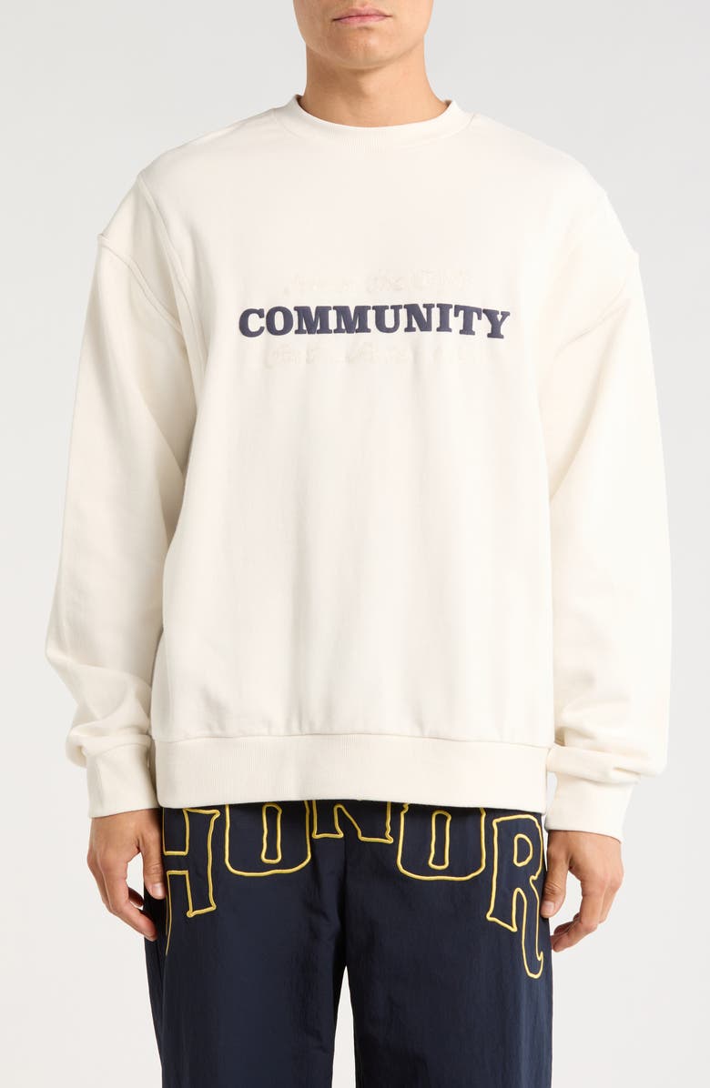 HONOR THE GIFT Track Crew Cotton Graphic Sweatshirt, Main, color, Bone