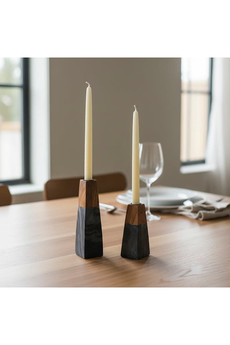 Tapered Black Marble & Acacia Sculptural Candleholders, Alternate, color, Black - Large