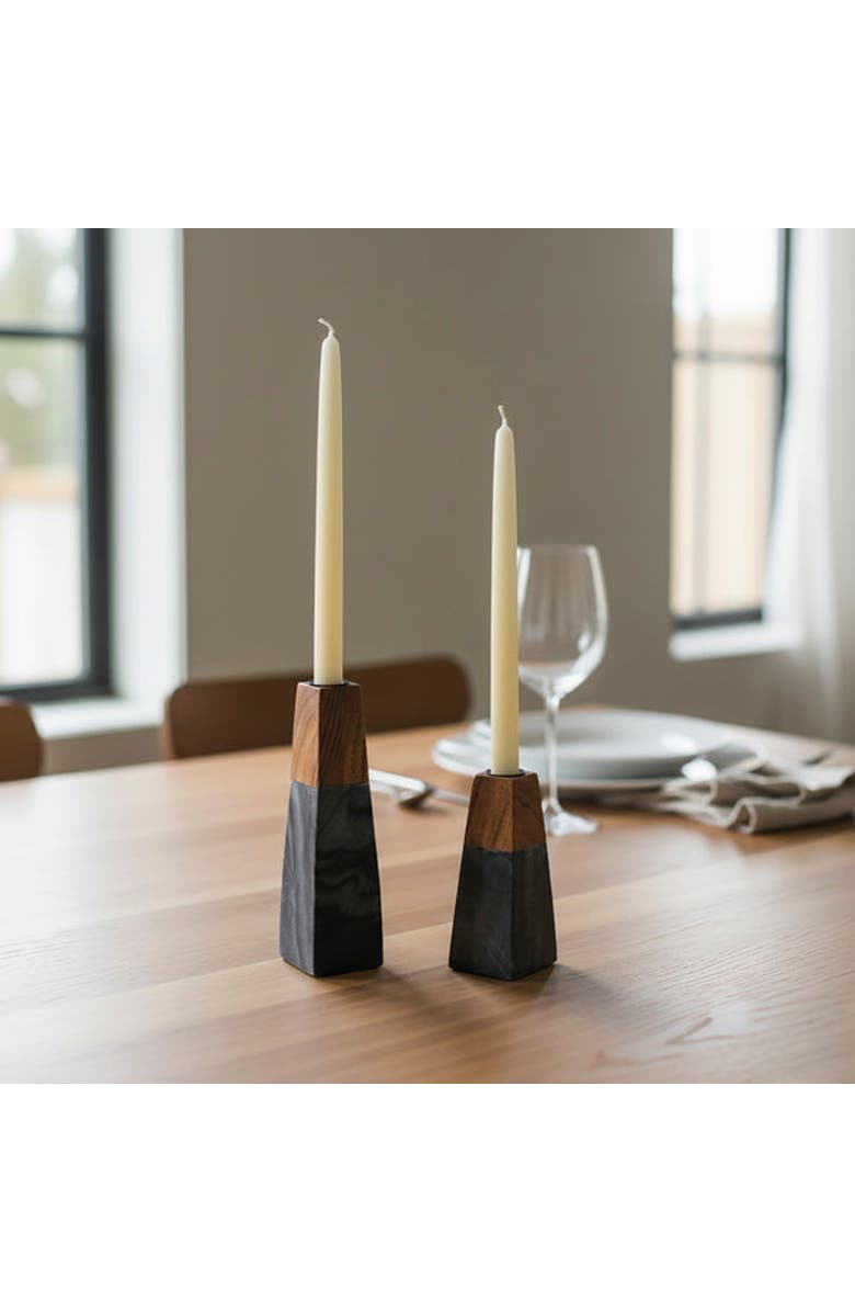 Mela Artisans Tapered Black Marble & Acacia Sculptural Candleholders, Alternate, color, Black - Large
