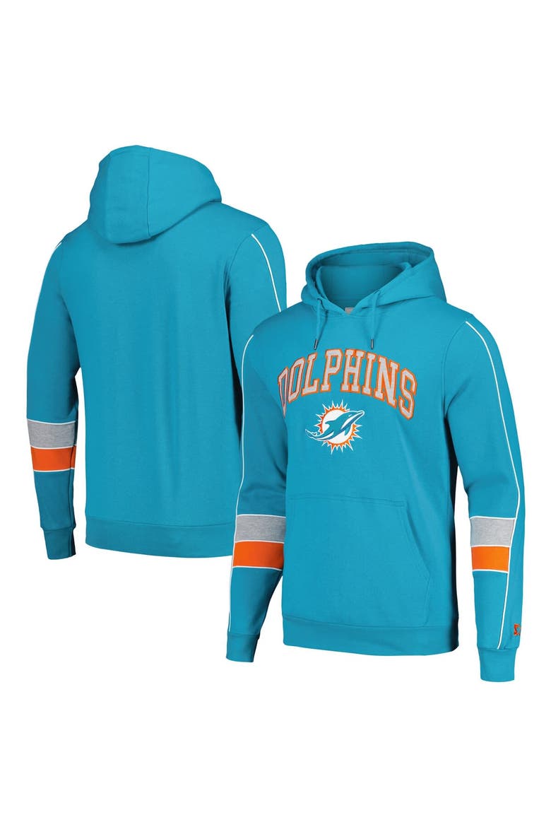 Men's Starter Aqua Miami Dolphins Captain Pullover Hoodie, Main, color, Aqua