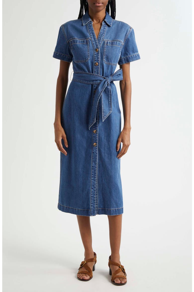 Tabby Belted Denim Shirtdress, Main, color, CORNFLOWER
