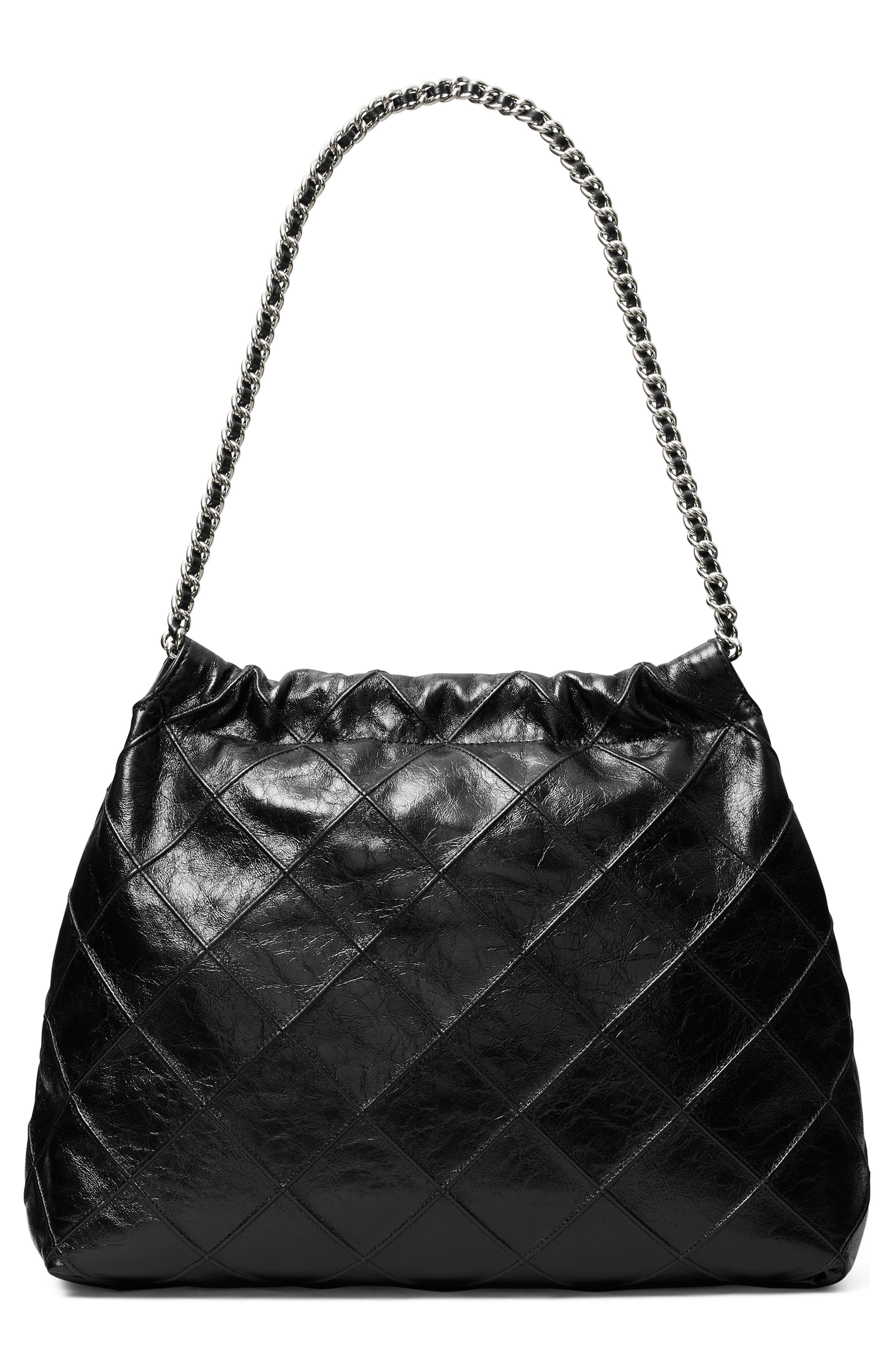 Tory Burch Fleming Distressed Quilted Leather Hobo Bag, Alternate, color, Black
