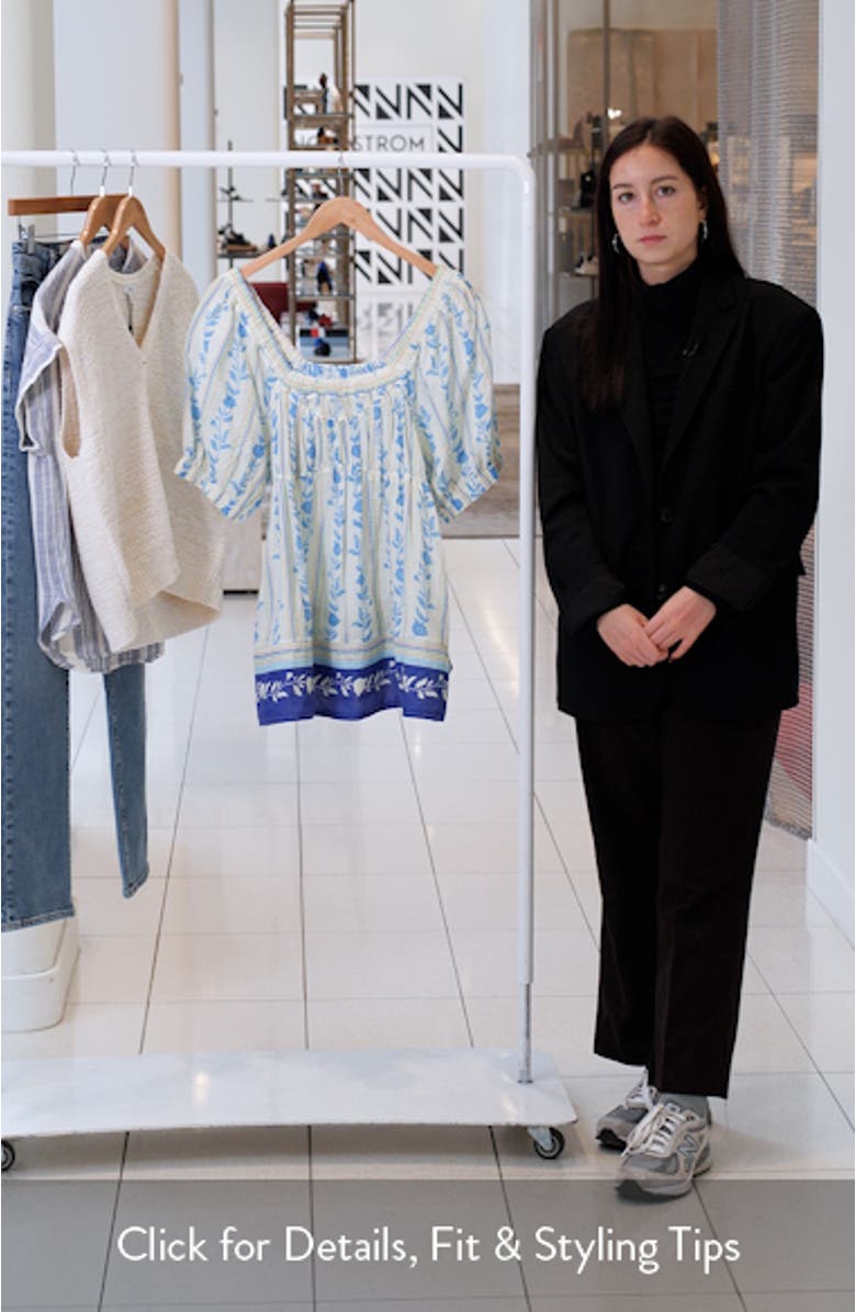 Santorini Print Embroidered Puff Sleeve Tunic Top, sales video thumbnail